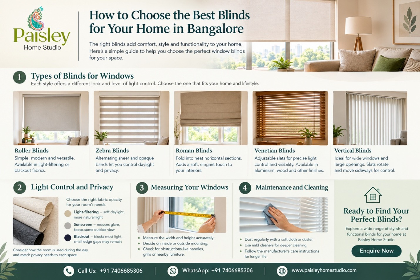 Types of window blinds, light control, privacy, measuring and cleaning tips for modern homes in Bangalore.