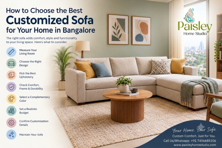 Customized sofa in a modern living room with mustard and blue cushions, a wooden coffee table, and elegant decor.